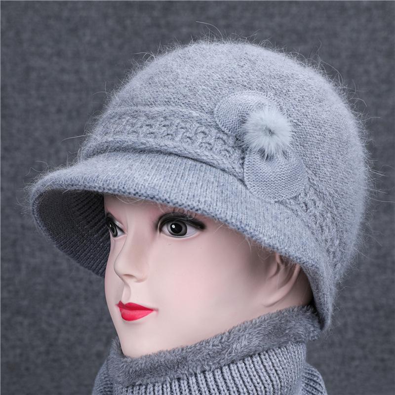 Женская шапка среднего и пожилого возраста, вязаная шерстяная шапка, шапки с цветами из кроличьей шерсти, осень и зима