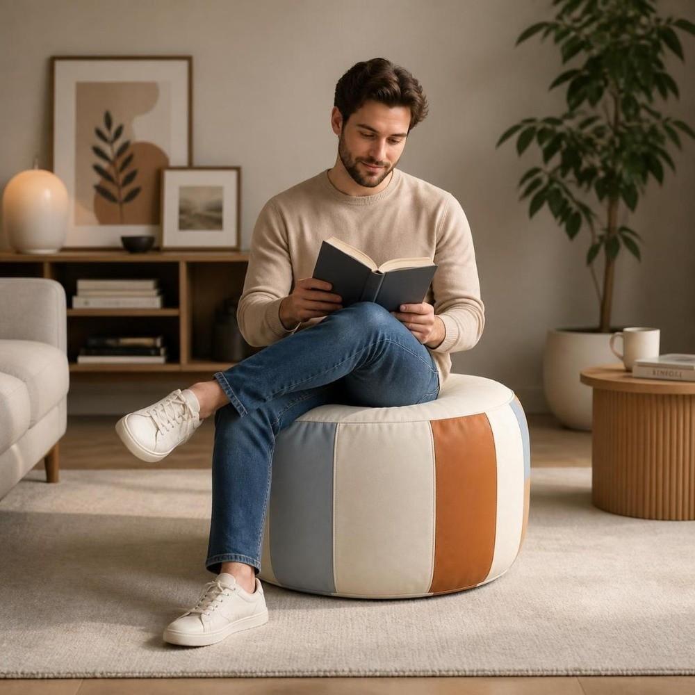 Round/Square Footstool Cover PU Leather Pouf Cover Soft Ottoman Stool Living Room