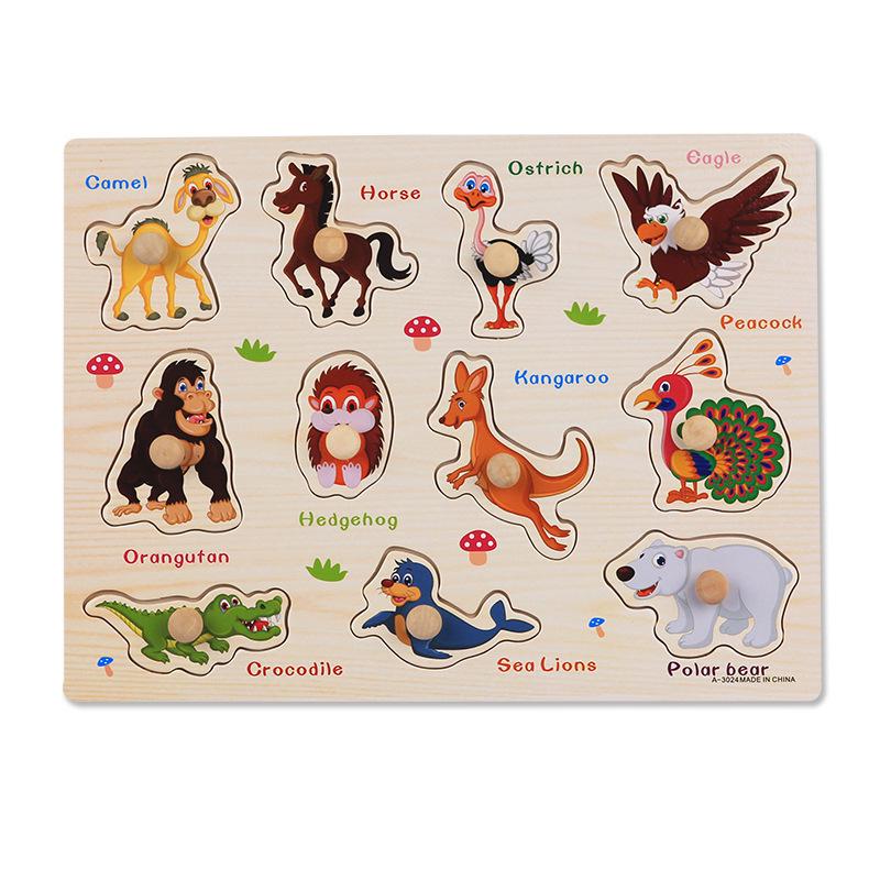 30cm Baby Toys Montessori Wooden Puzzle Hand Grab Board Educational Wood Puzzles for Kids Cartoon Animal Vehicle Child Gift