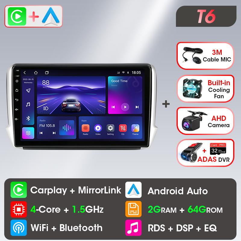 Autoradio sans fil Carplay pour Peugeot 2008 208 2012-2018 lecteur vidéo multimédia stéréo 2Din stéréo Navigation DVD unité principale