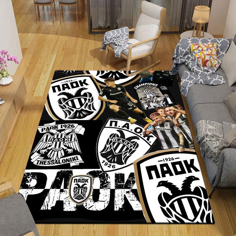 PAOK FC Art Flannel Printed Carpet, Home Sofa Decoration for Living Room & Bedroom, Non‑Slip Play Flannel Floor Mat for Game Room