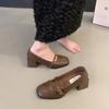 Fashion Leather Brown Shoes Vintage Thick High Heels Mary Jane Shoes Women Woman Square Toe Chunky Heels Pumps Mujer