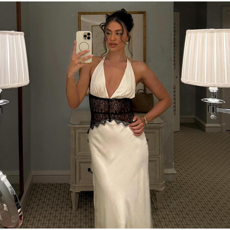 Женское платье с кружевной вставкой, на шее, пляжное, для путешествий, летнее, новый стиль, платье с подчеркнутой талией, темпераментное, длинное, без рукавов, облегающее