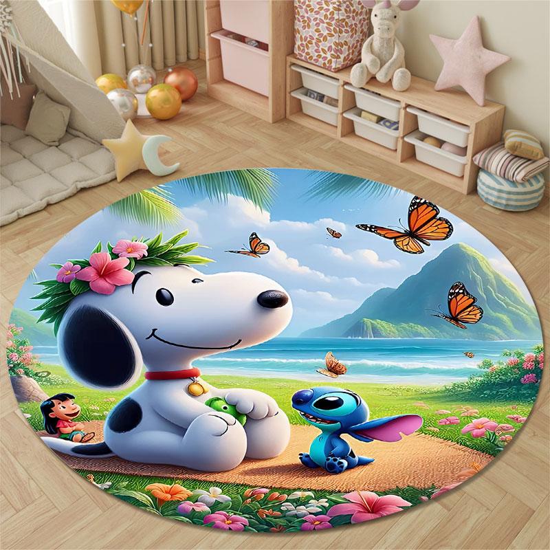 Whimsical White Beagle Butterfly Meadow Round Rug, Bright Blue Dreamy Style, Soft Landing for Yoga Room and Meditation Corner with Joy