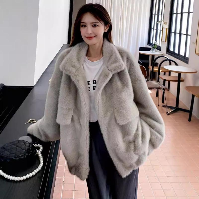 Зимняя меховая куртка, свободное плюшевое пальто, женская, новая бежевая норковая шерсть, воротник-стойка, большой карман, меховой топ