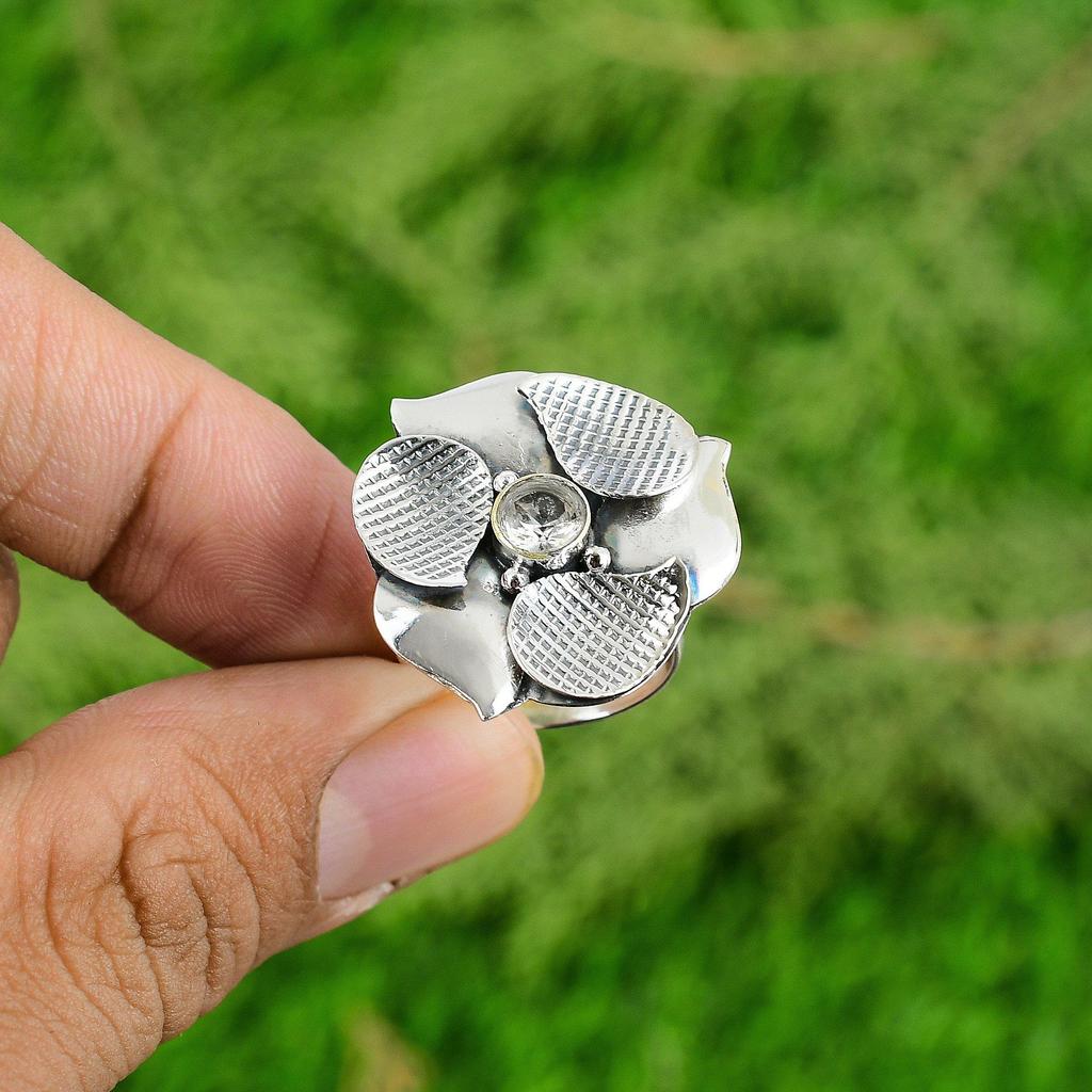 Round Natural White Topaz Multi Stone Flower Promise Ring 925 Sterling Silver
