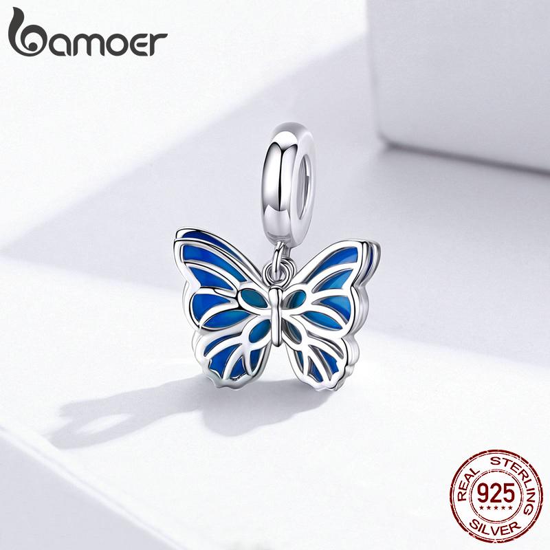 BAMOER Authentic 925 Sterling Silver Butterfly Dangle Charms Blue Enamel Beads Fit Original Bracelet
