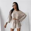 Womens 2026 Loose Comfortable Long Sleeve Top Shorts Set Pure Color Casual Lounge Wear