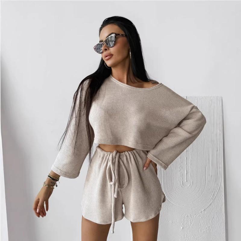 Womens 2026 Loose Comfortable Long Sleeve Top Shorts Set Pure Color Casual Lounge Wear