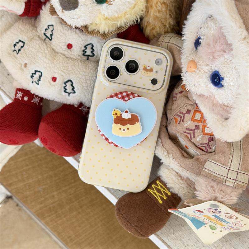 Kawaii Pudding Cartoon Yellow Polka Dot Magnetic Phone Case With Heart Pop Socket For iPhone 15 16 17 Pro Max INS Cute Shockproo