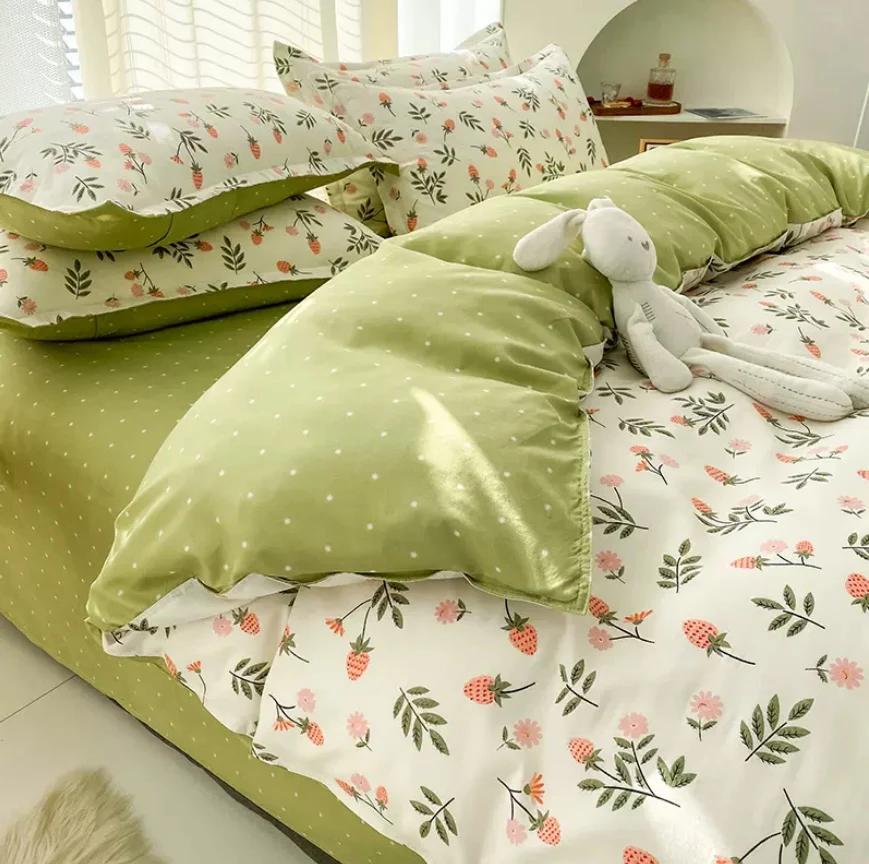 Striped Flower Duvet Cover Set + Flat Sheet + 2pc Pillowcases Single Double Twin Queen King Size Bed Linen Bedding Textile B90F