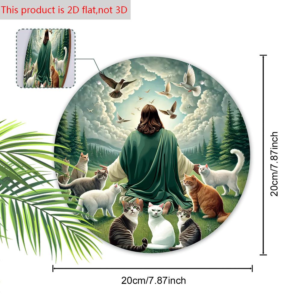 Деревянная табличка в современном стиле с узором Богоявления Иисуса, кошки и голубя мира, круглая табличка Иисуса для декора настенного подвеса для входной двери, идеальный подарок на Богоявление