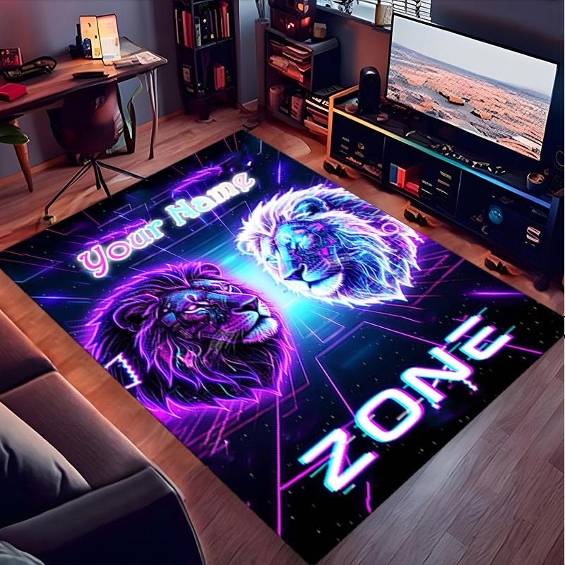 1PC Custom Name Neon Lion Power Zone Theme Floor Mat Ideal for Living Room, Game Rooms, Office, Bedroom,Floor Mat Playful Design