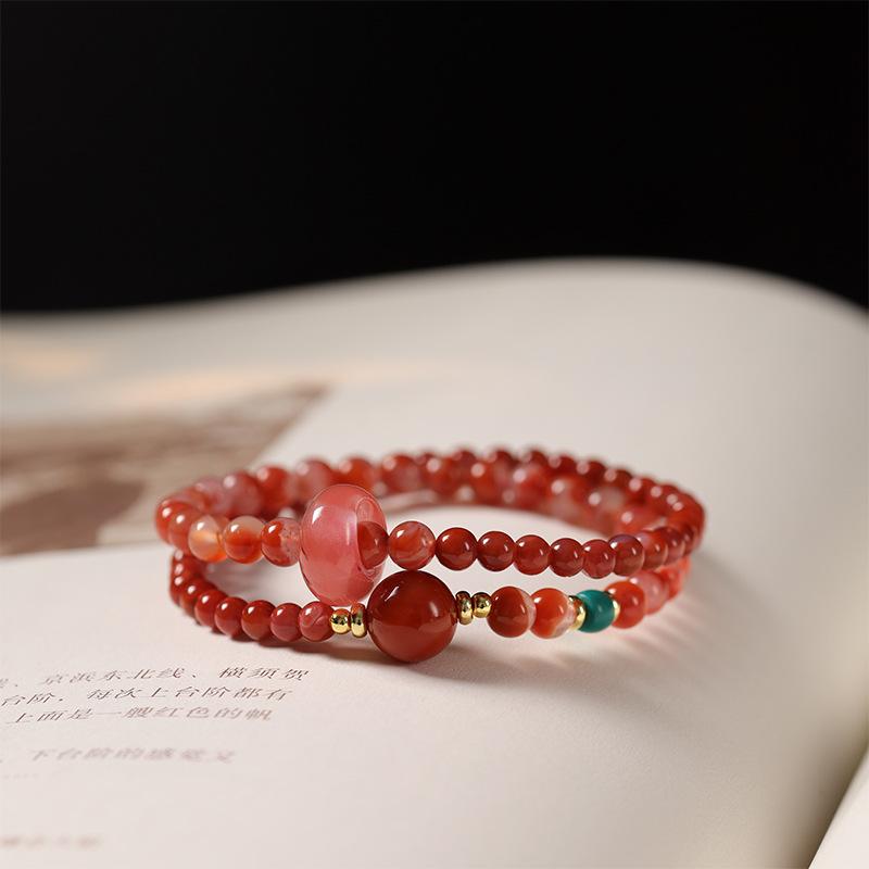 South Red Agate Double Circle Bracelet for Girls, Ice-Float South Red Layered Bracelet, New Chinese Style National Trend Gift