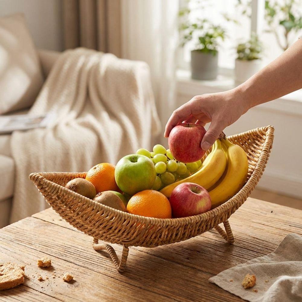 Large Capacity Plastic Hand-Woven Basket Hollow Drain Camping Tray Desktop Organizer Picnic Use