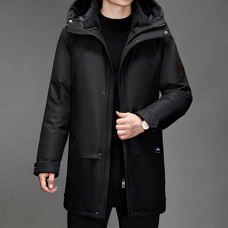 Winter Men's Fur Collar Mid Length Down Jacket Casual Thick Hooded Fashionable and Warm Long Jacket