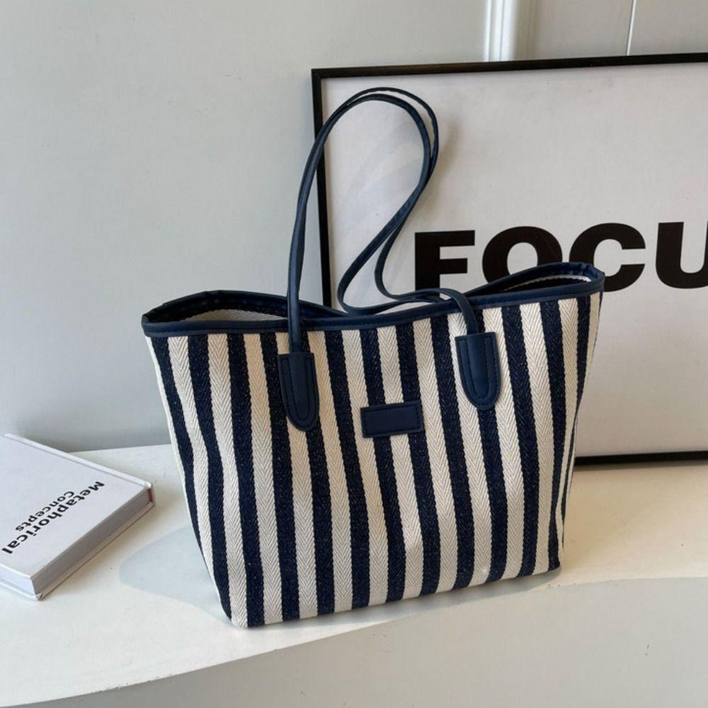 Zipper Shoulder Bag Korean Style Shopping Handbag Casual Stripe Canvas Tote Bag  Girls