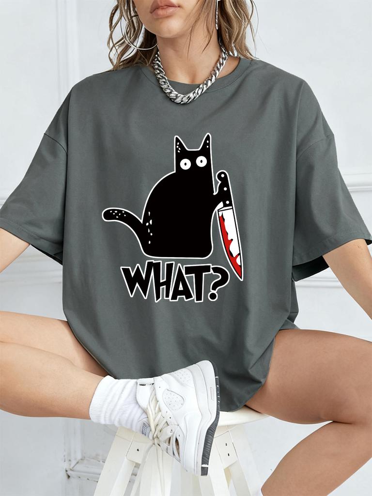 Black Cat Holding A Knife Prints Short Sleeve T-Shirts Womens Summer Cotton Tee Shirts Loose O-Neck Soft Tops Street Clothes