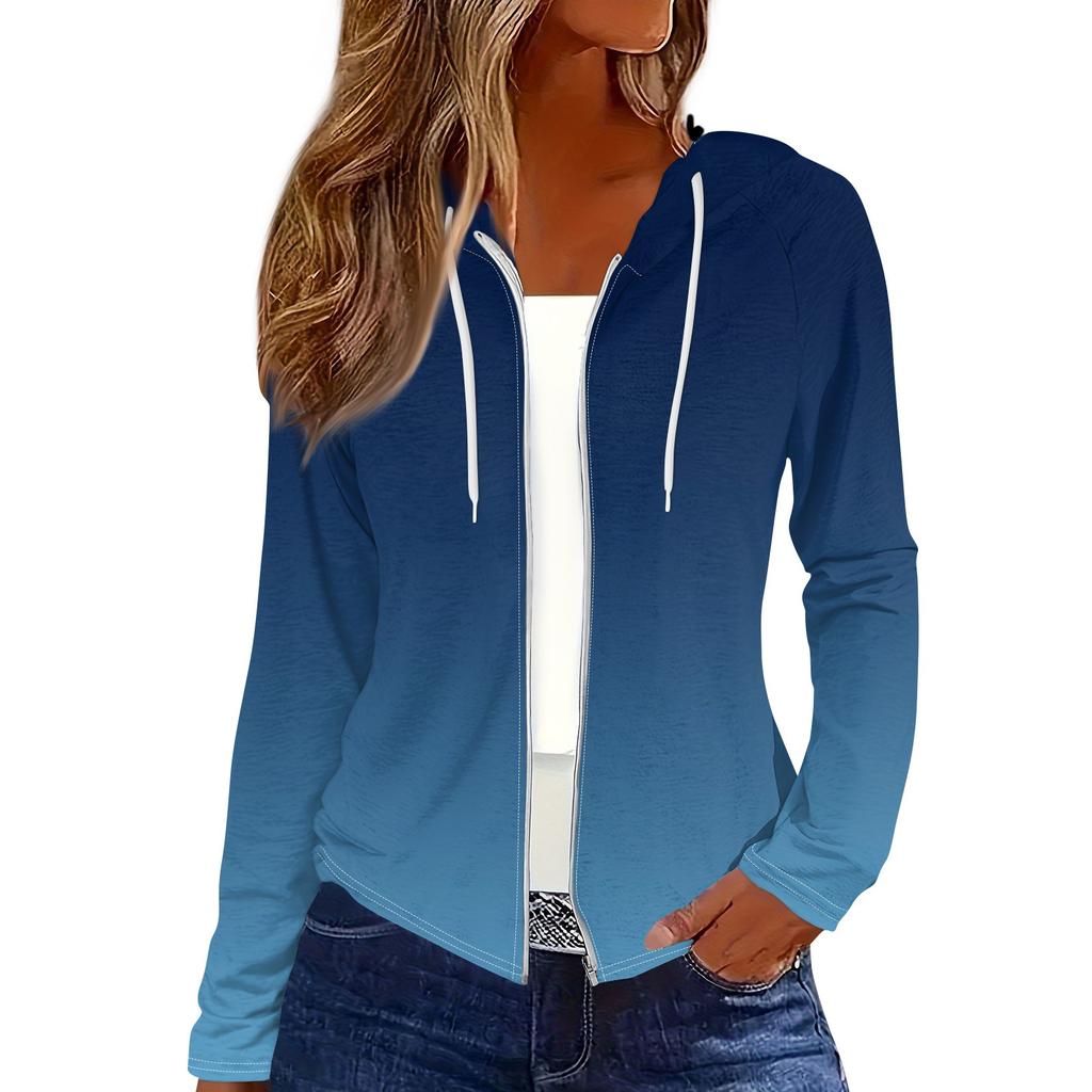 Женская мода повседневная застежка-молния с капюшоном и принтом с длинным рукавом толстовки пальто