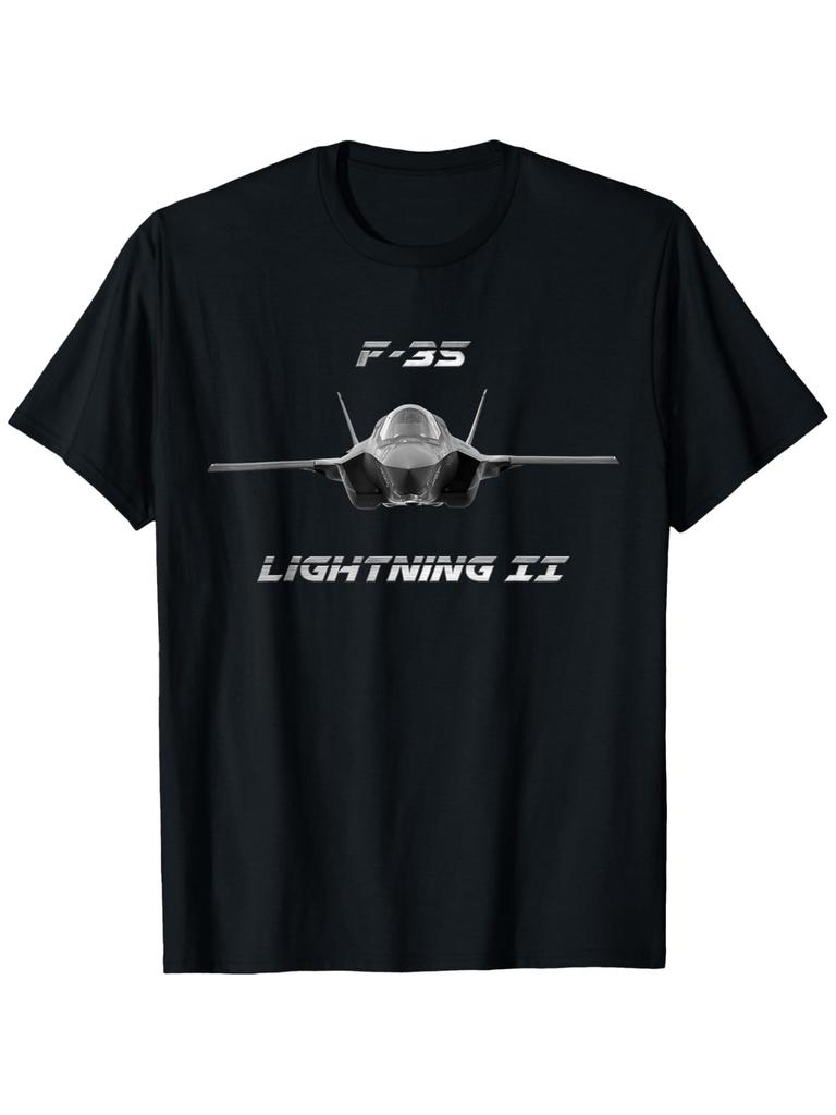 Графическая футболка с истребителем F-35 - Черная повседневная футболка с круглым вырезом и белой надписью