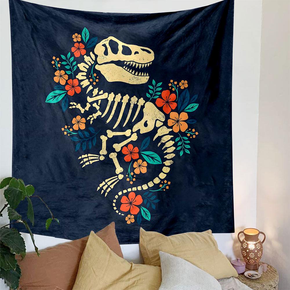 Floral Dinosaur Skeleton Design Patterned Tapestry Decorative Wall Hanging, Home Bedroom Living Room Decor