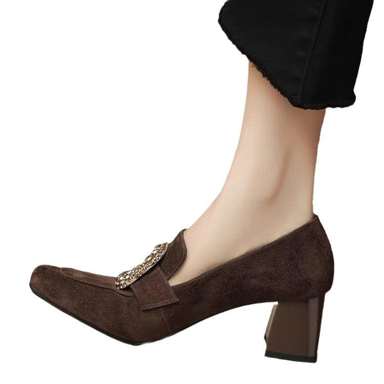 Туфли-лодочки из матовой кожи с квадратной пряжкой и стразами на толстом каблуке, женские туфли-лоферы в стиле ретро на среднем каблуке с квадратной головкой, женские туфли из бархата с неглубоким носком
