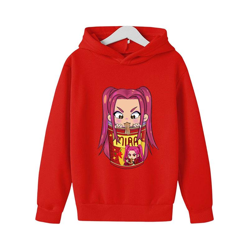 Comfortable kids hoodie with vivid cartoon noodle girl print, relaxed cut, suitable for daily wear, sports and casual family outings all year round.