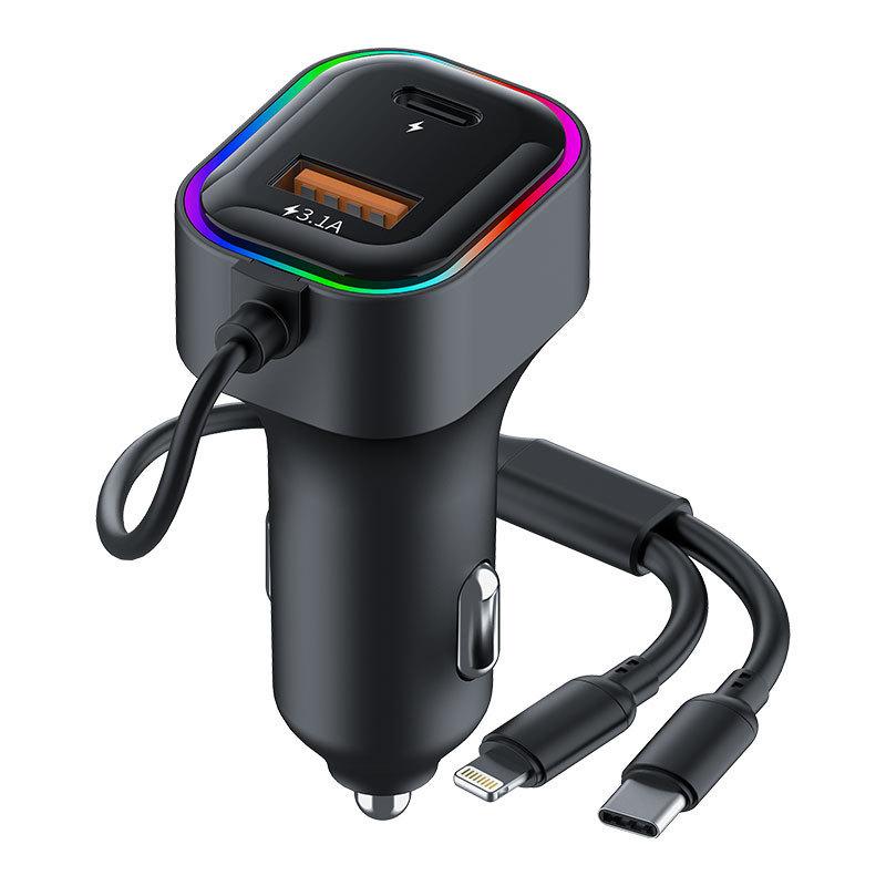 A One Meter Long 2-in-1 Car Charger Can Charge Four Devices Simultaneously and Switch Between Seven Color Ambient Lighting Color