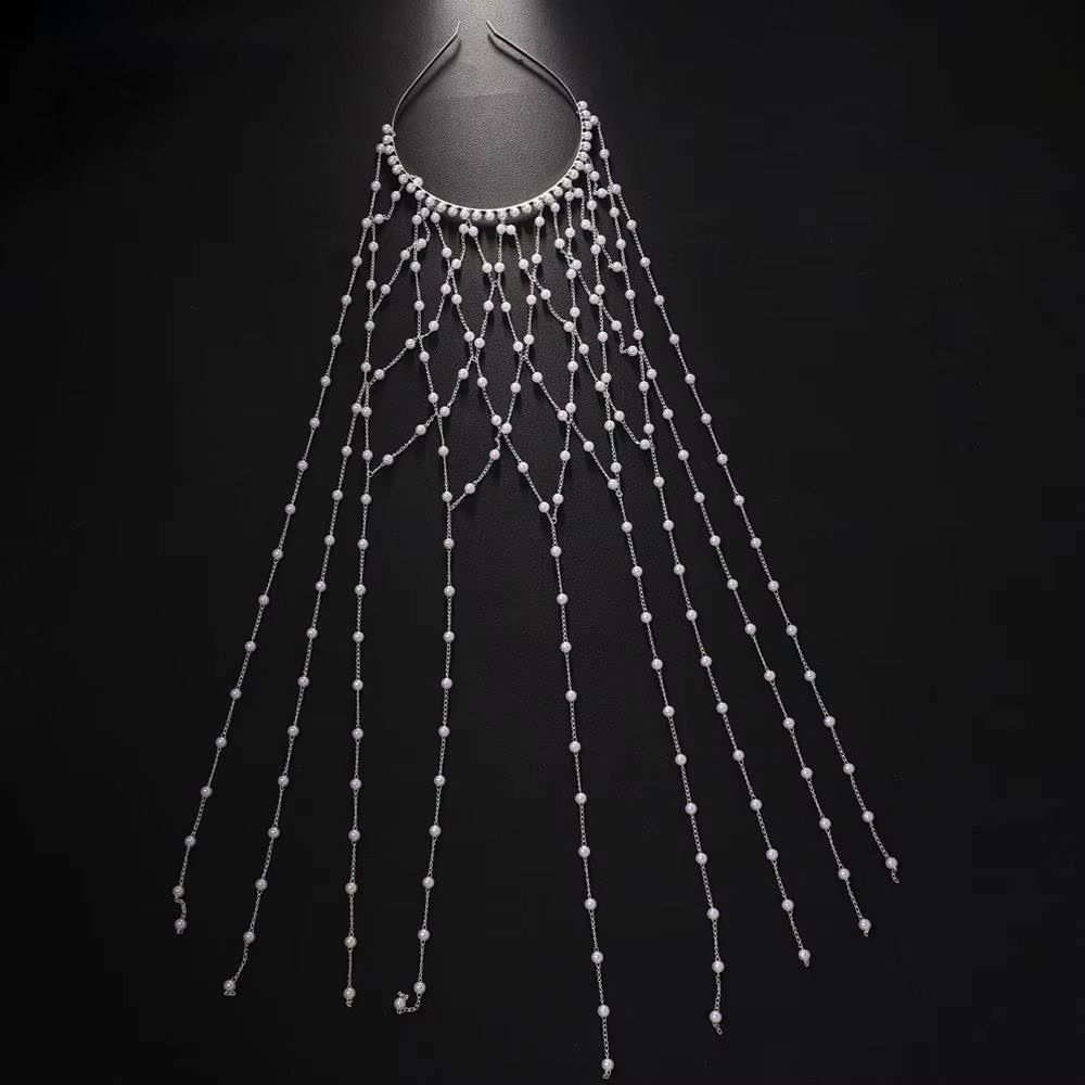 Imitation Pearl Bridal Hair Chain Hollow Mesh Tassel Headband Bridal Accessories