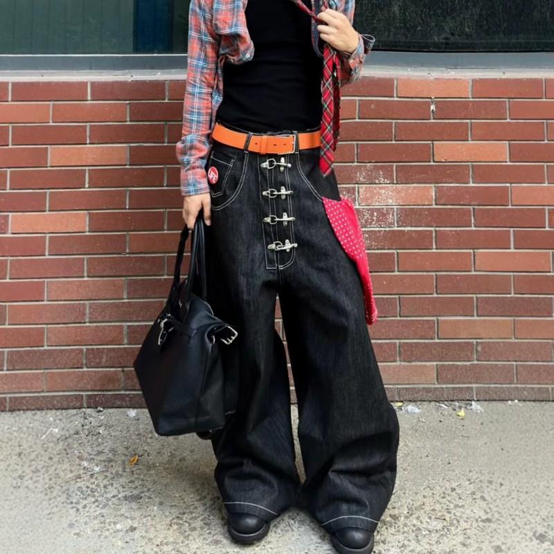 Mens Vintage Washed Baggy Straight Leg Denim Jeans With Metal Rivet Button Fly Loose Fit Casual Pants
