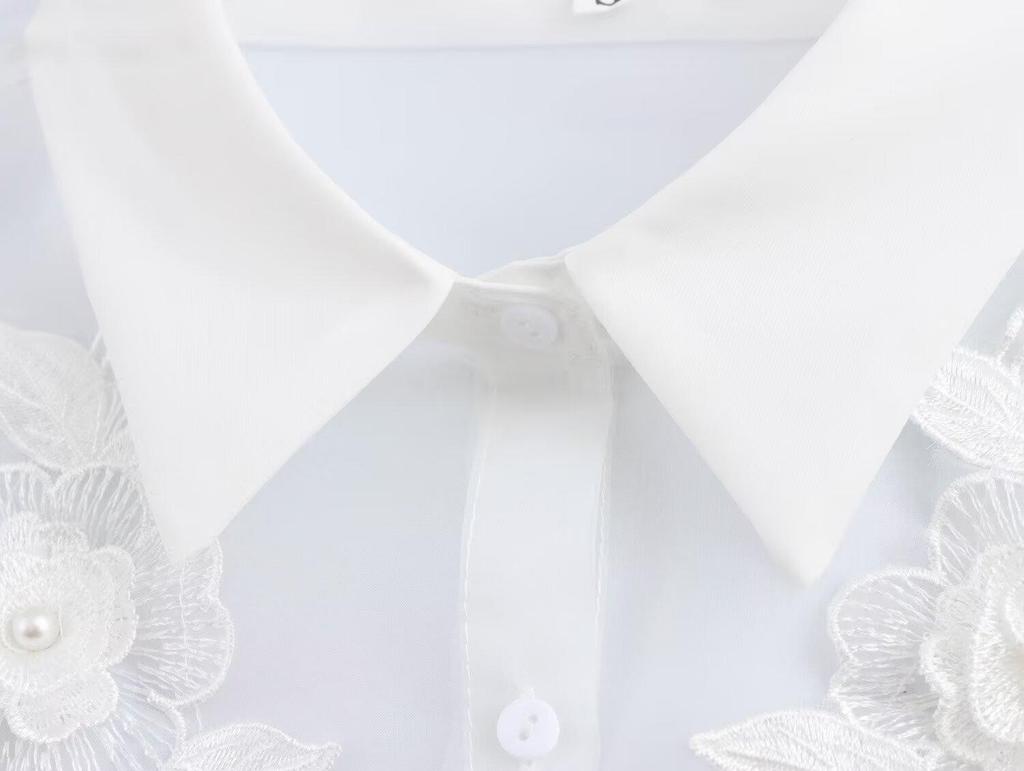 2024 Autumn Women's European-American Style Organza Flower See-Through Shirt