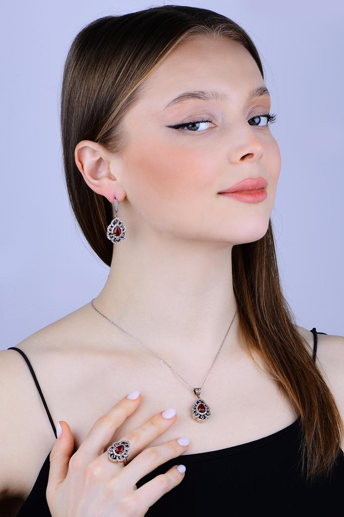 Комплект серебряных украшений с рубиновым камнем в османском стиле, аутентичный турецкий комплект ювелирных изделий ручной работы - рубиновое кольцо, серьги, ожерелья в винтажном стиле
