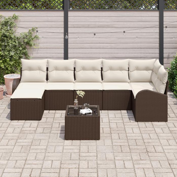 Canapé de jardin 7 pièces avec coussins gris poly rotin, Canapé 2 places de jardin avec rangement et coussins marron poly 3354807