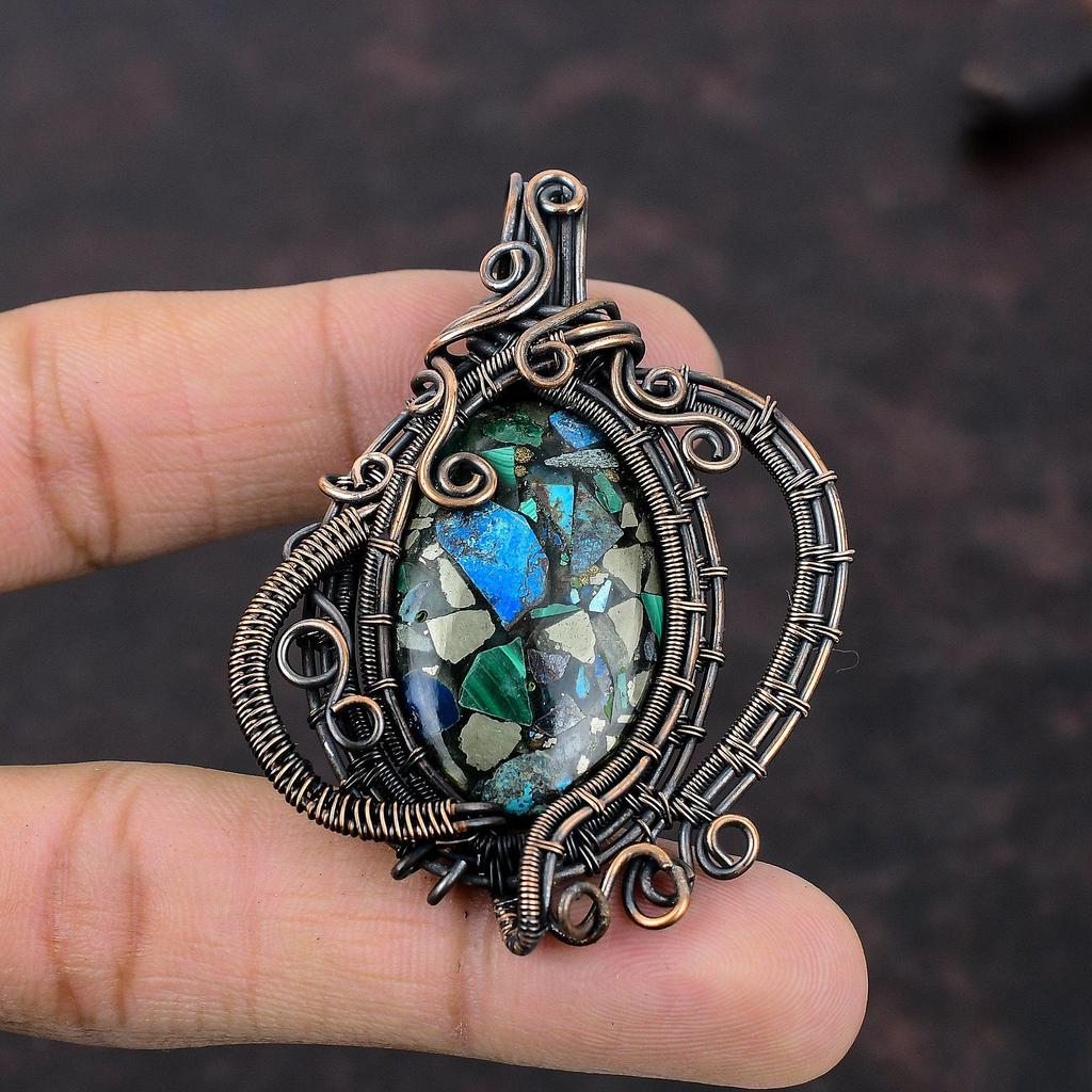 Copper Azurite Malachite Pendant Copper Wire Wrapped Pendant Gemstone Copper Jewelry Elegant Pendant Handmade Wire Wrap Jewelry Gift For Her