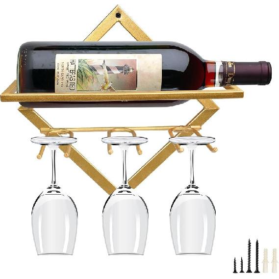 AUHOKY 2Pcs Metal Wall Mounted Wine Holder Stemware Glass Rack, Upgrade Collapsible Hanging Red Wine Racks Organizer with 3 Stem Glass Holders, Wine