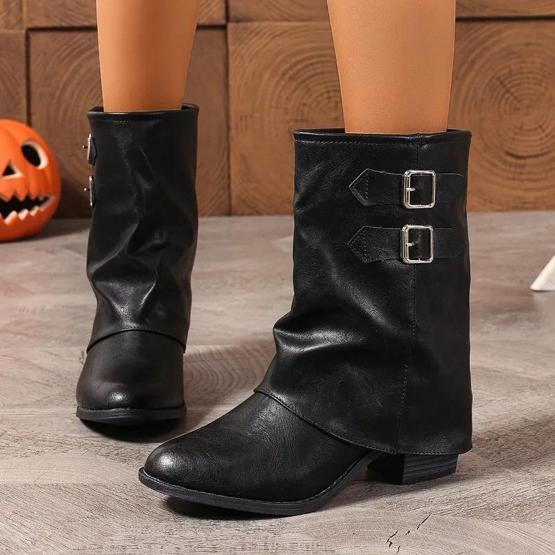 Fashion Buckles Trouser Boots for Women 2025 New Autumn Winter Chunky Heels Ankle Boots Punk Cool Comfy Combat Retro Style Ladies Shoes