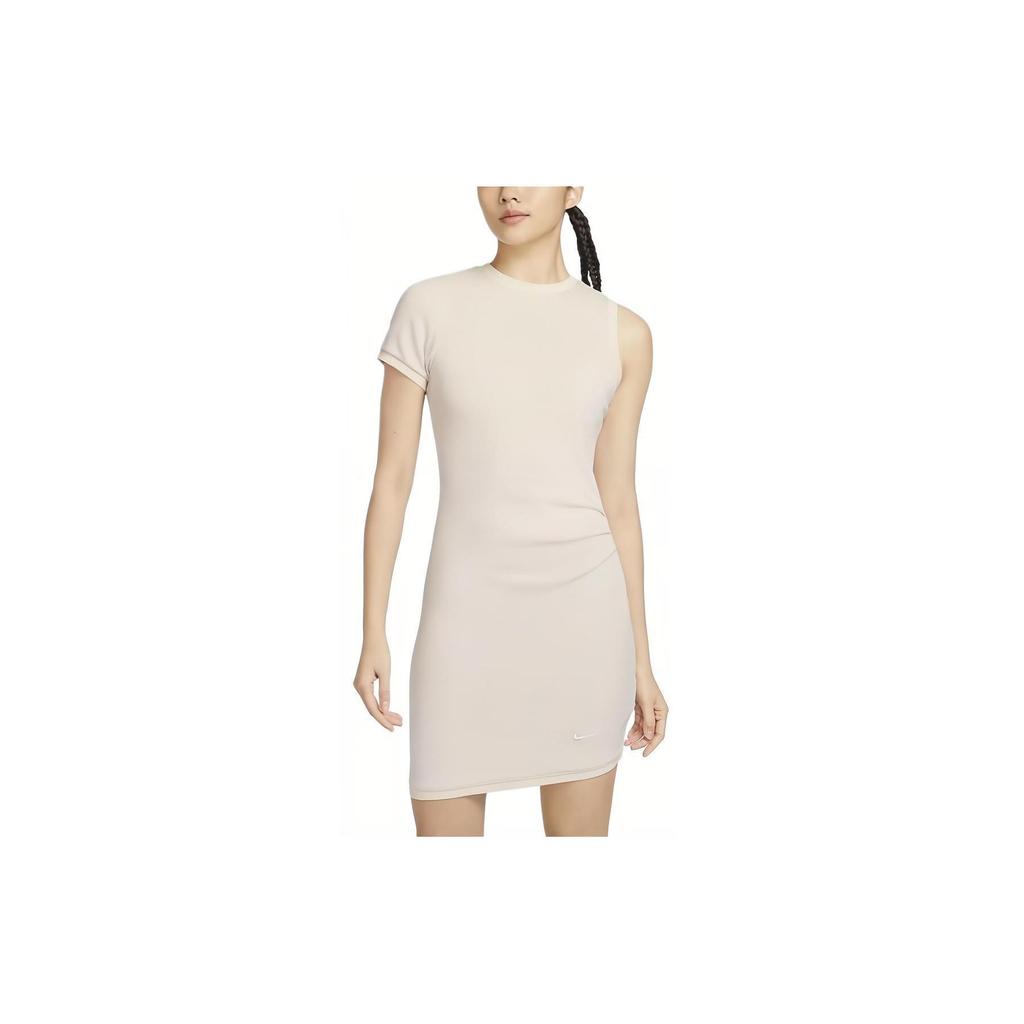 Nike Sportswear Collection Solid Casual Crew Neck Fitted Short Sleeve Dress Women Dresses Sail FN2244-104