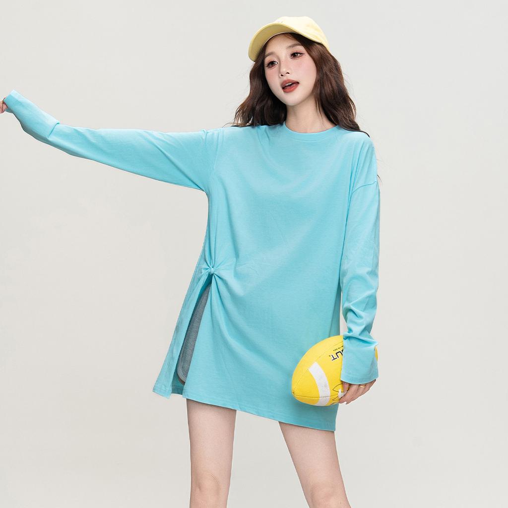 Side slit design loose long-sleeved T-shirt