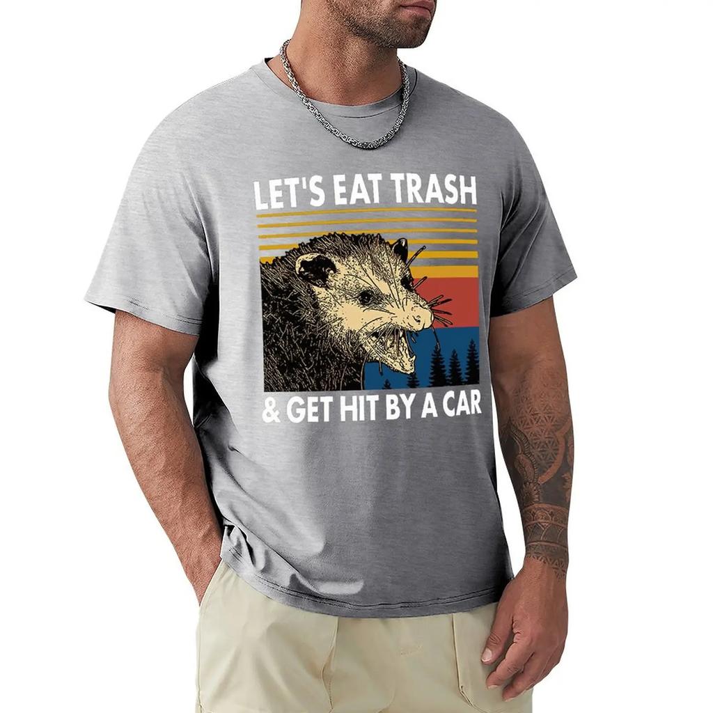 Енот Давайте съедим мусор и нас сбьет машина Винтажная футболка Harajuku Футболка с коротким рукавом 100% хлопок Графика Футболка Топы
