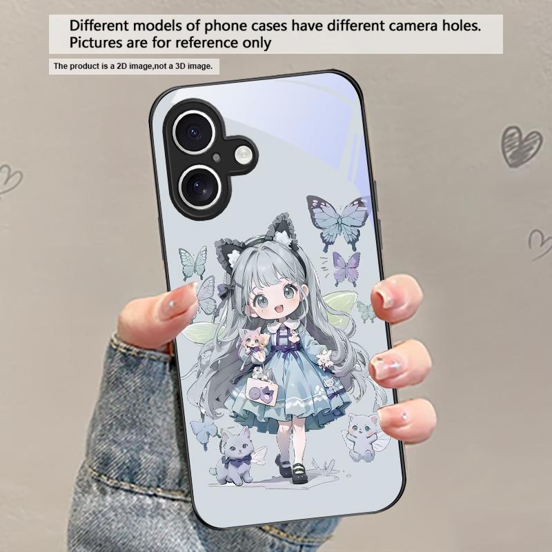 Q-версия Синяя Бабочка Для iPhone 17 Air 16 E 15 Plus 14 Pro Max 13 12 mini 11 5 6 7 8 Plus XR XSMax SE Черный Стеклянный Чехол для Телефона