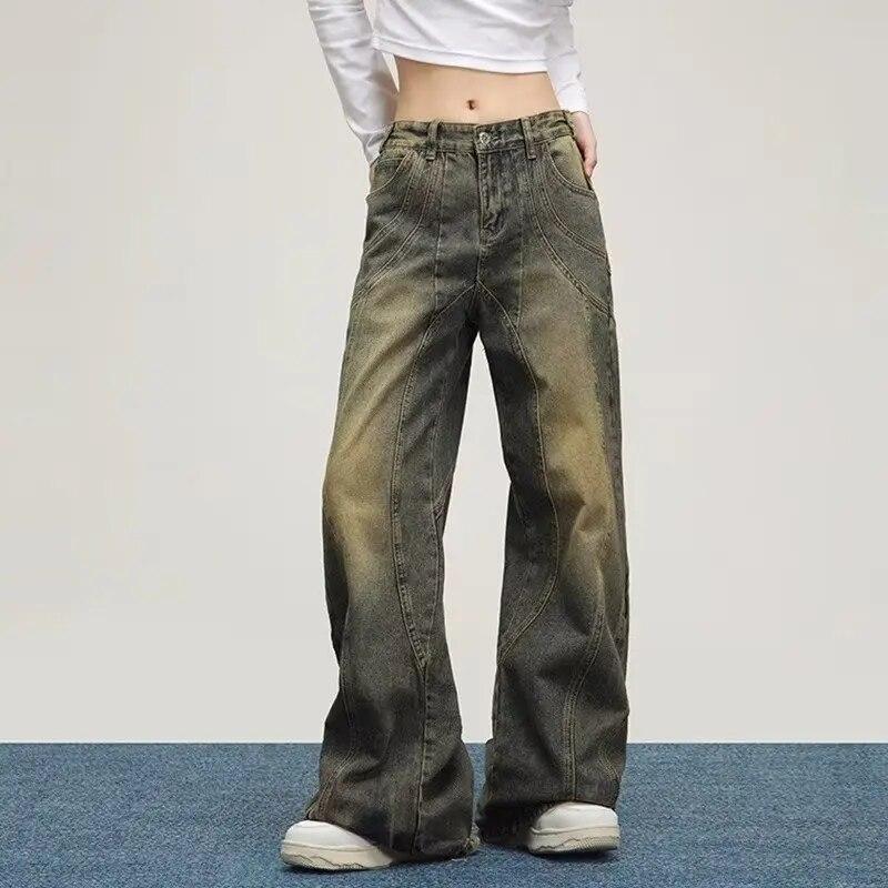 Винтажные джинсы желтого цвета грязи с высокой талией, женские прямые мешковатые джинсовые брюки в стиле ретро 90-х годов, женские уличные брюки Y2k, повседневные широкие брюки