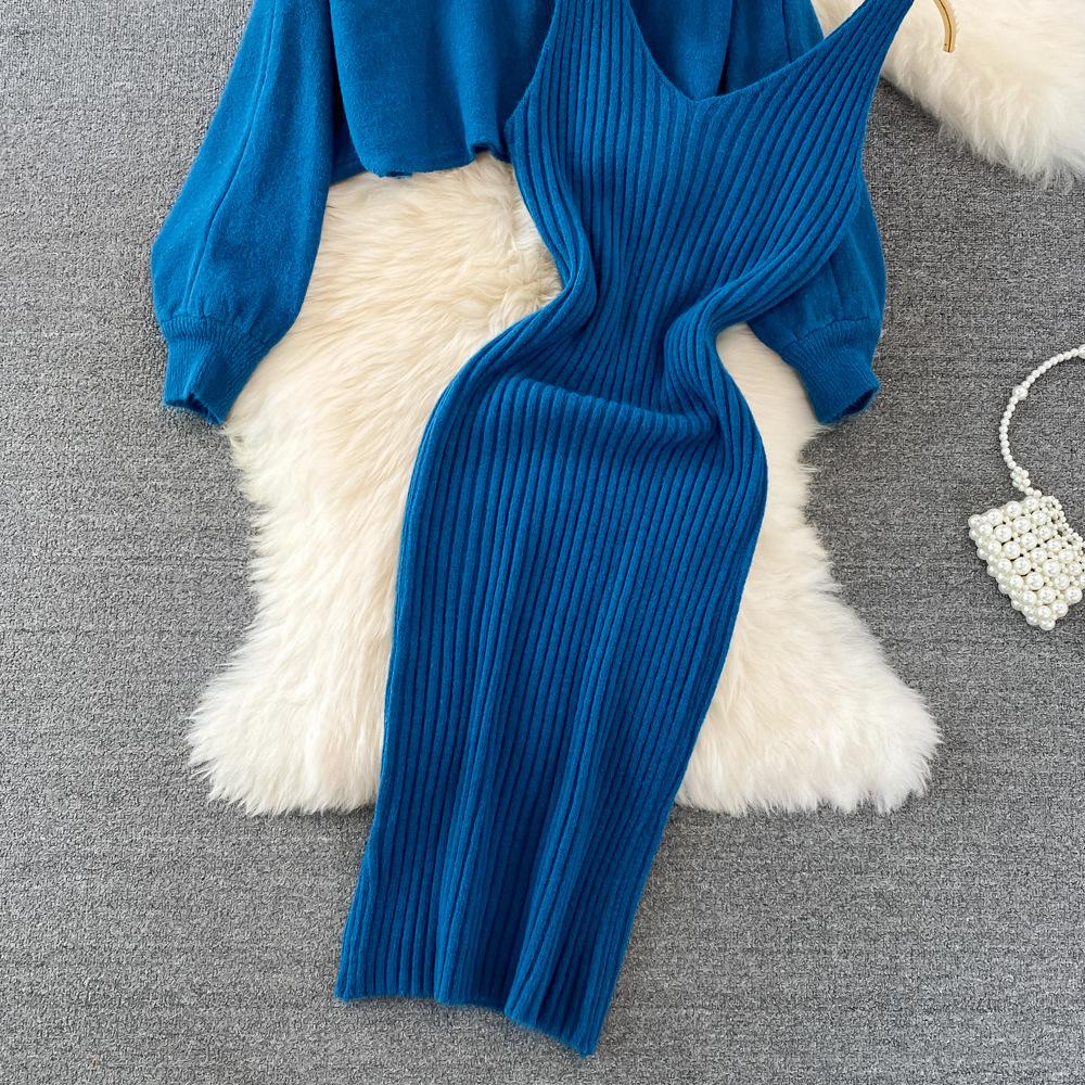 Женский осенне-зимний свитер с круглым вырезом и бисером, с высокой талией и открытым пупком, вязаное платье-топ из двух предметов