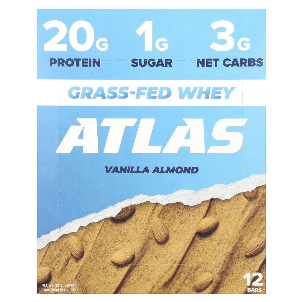 Atlas Bar Grass-fed Whey Protein Bar, Vanilla Almond, 12 Bars, 1.9 Oz (54 G) Each