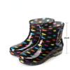 Fashion Short Tube Women's Rain Shoes Crystal Flower Cloth Fashionable Rubber Shoes Kitchen Anti Slip Waterproof Boots Garden Shoes