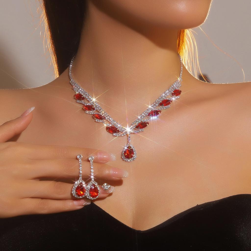 Luxury Sparkling Diamond Super Beautiful Necklace Earrings Set, Bridal Jewelry, Red Water Drop Pendant Earrings Two-piece Set