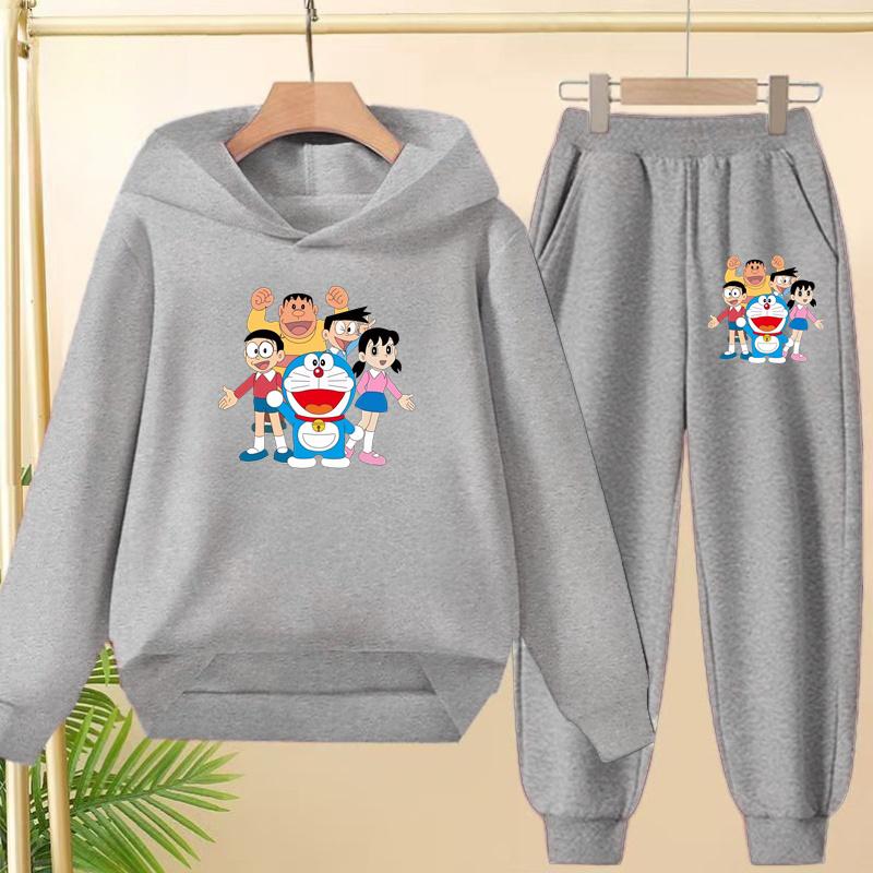 Doraemon Winter Warm Children's Hoodie Set, Casual Sporty Hooded Long Shirt and Long Pants Suitable for Boys Girls Aged 3 to 12