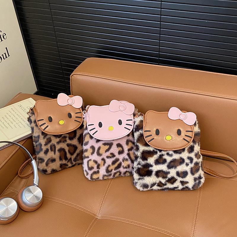 Hello Kitty Fashionable Unisex Nylon Crossbody Bag With Leopard Pattern And Inner Phone Slot For Daily Use