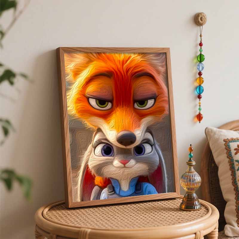 Disney Oil Painting DIY Digital Painting Nick and Judy Fox Rabbit HandPainted Wall Art for Living Room or Entryway.