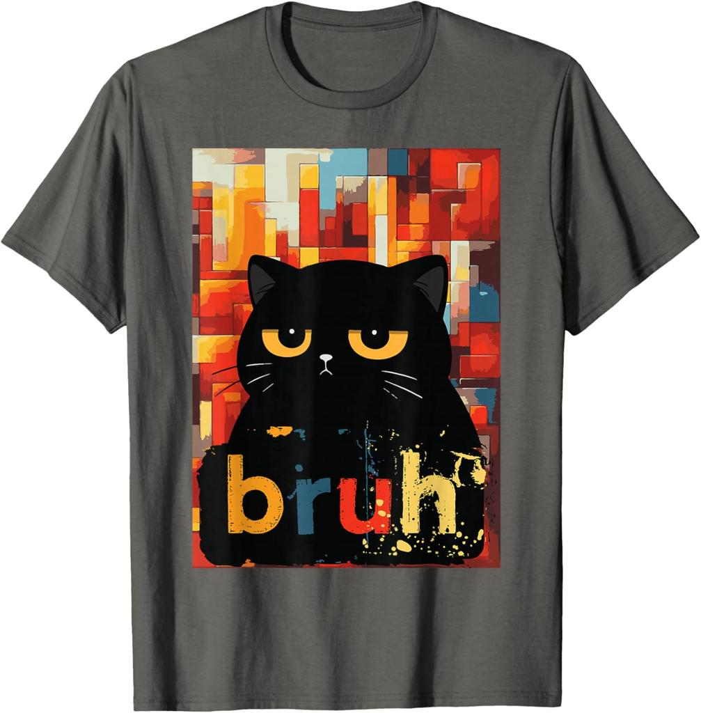 Bruh Black Cat Funny Meme Graphic TShirt Casual Short Sleeve Cotton Crew Neck Tee