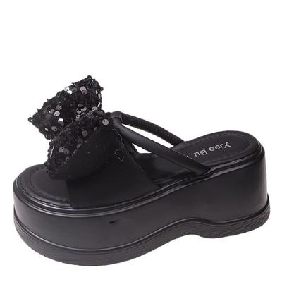 Модные 8 см стразы бант черные пайетки толстая подошва увеличивающая рост платформа тапочки для женщин лето новые универсальные открытые носок танкетки тапочки